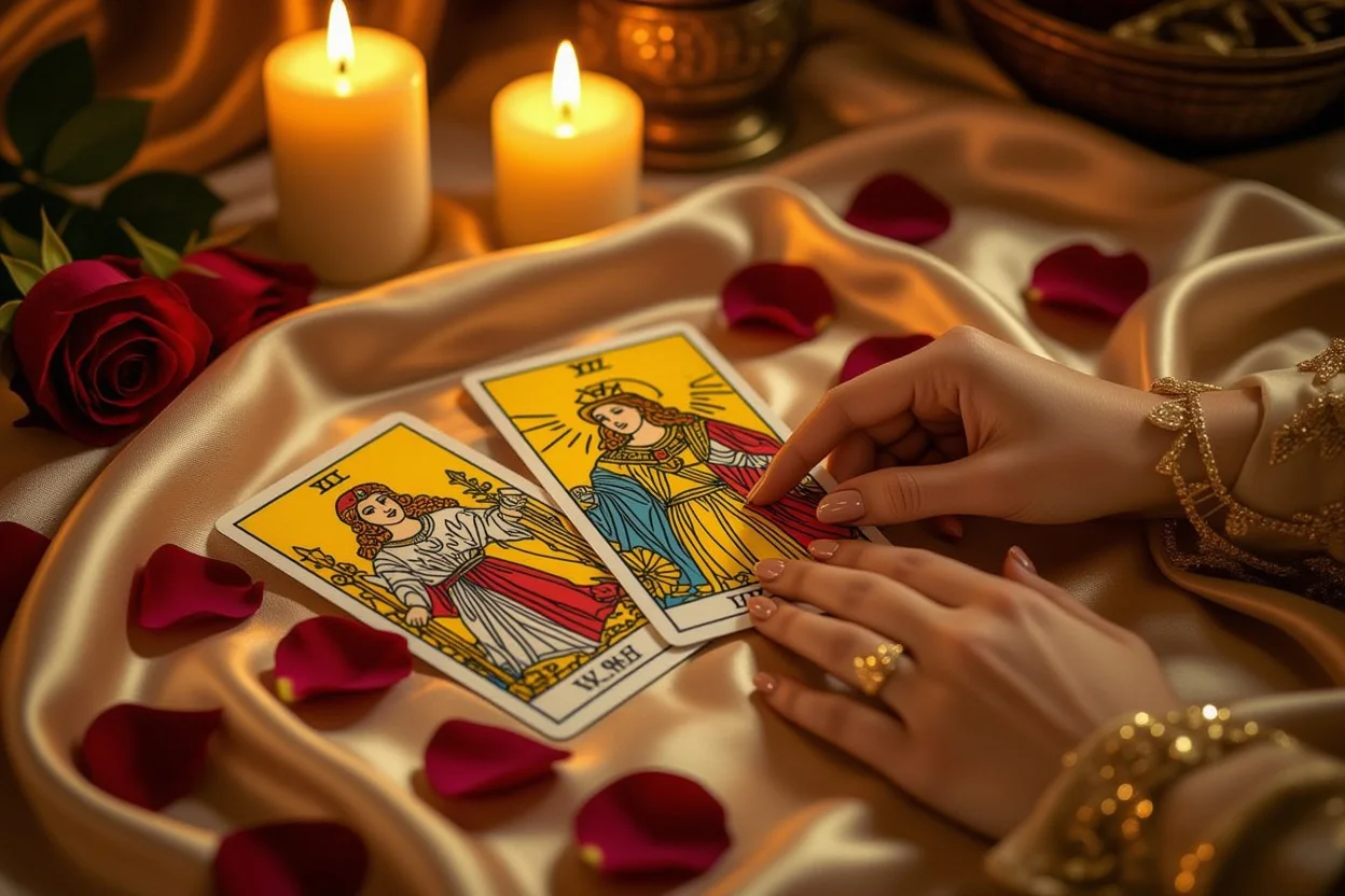 恋愛タロットカードとキャンドルの光に包まれた神秘的な占いシーン