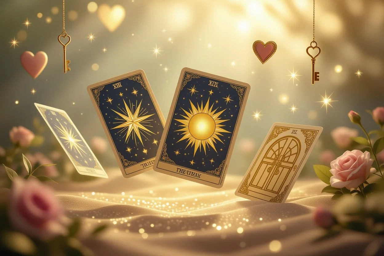 希望と可能性を表現する浮遊するタロットカードの幻想的なシーン