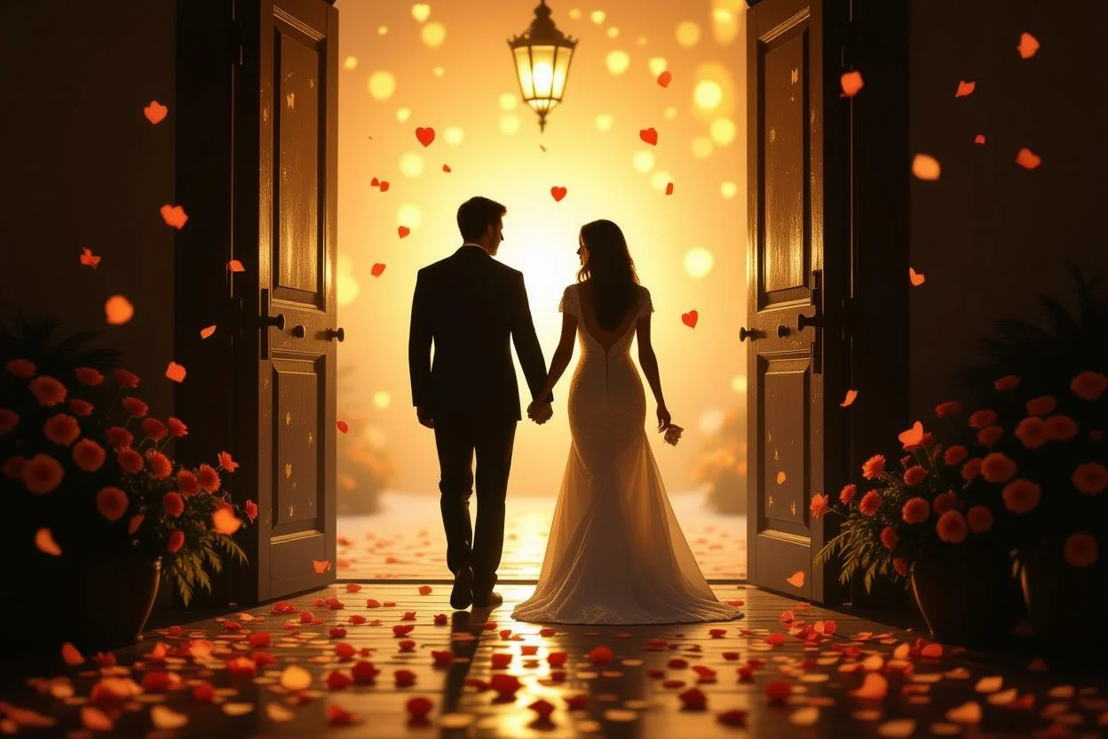 タロットカードに導かれ新しい愛への扉を開くカップルのシルエット