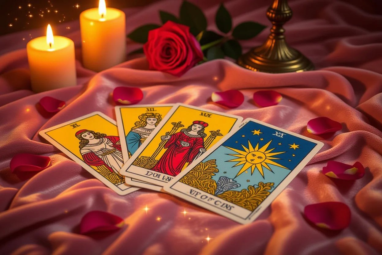 恋愛タロットカードと自己受容のイメージ - ろうそくの光に照らされた神秘的なタロット占い