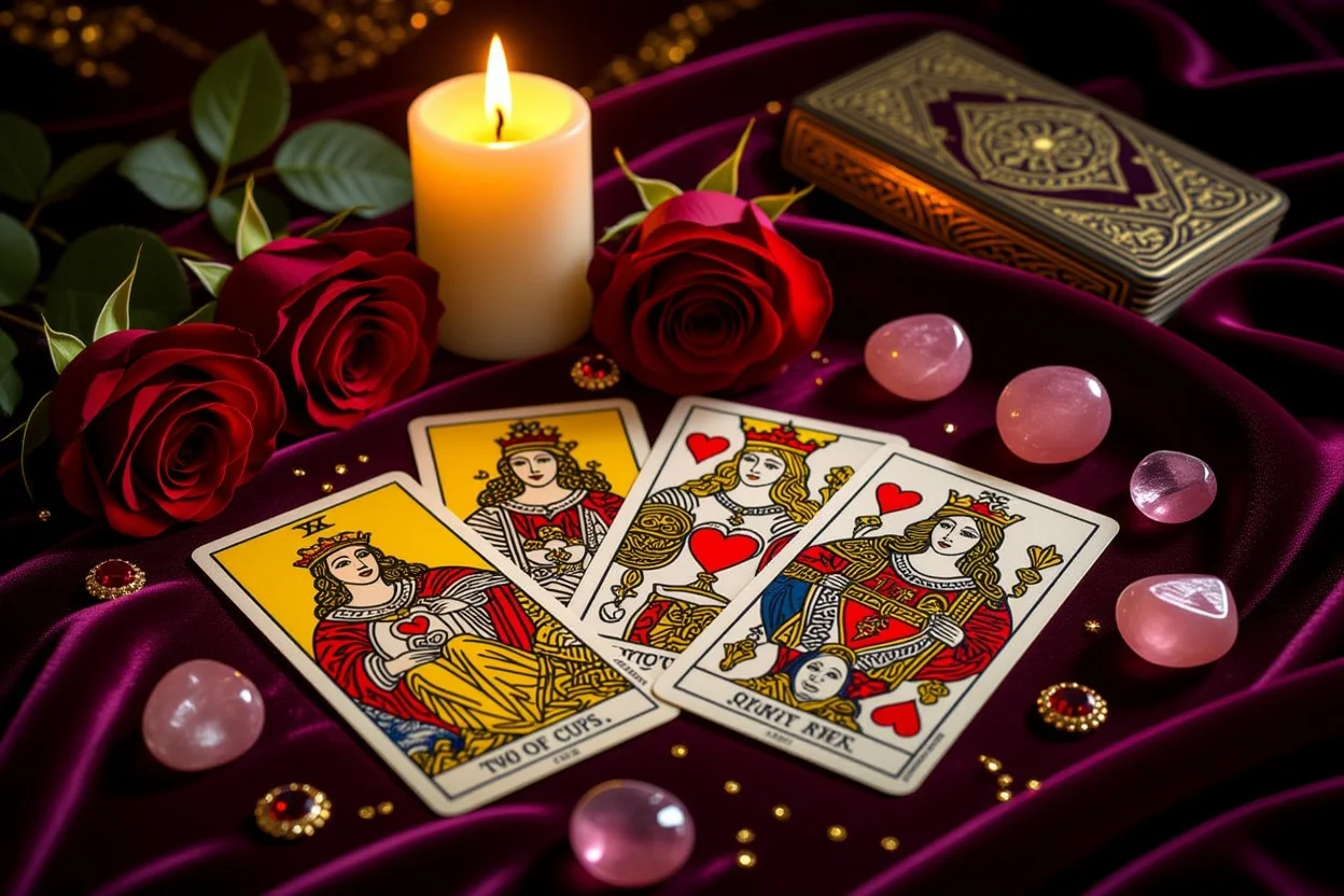 恋愛タロットカードのスプレッド、ローズクォーツとバラの花びらに囲まれた神秘的な占いの風景