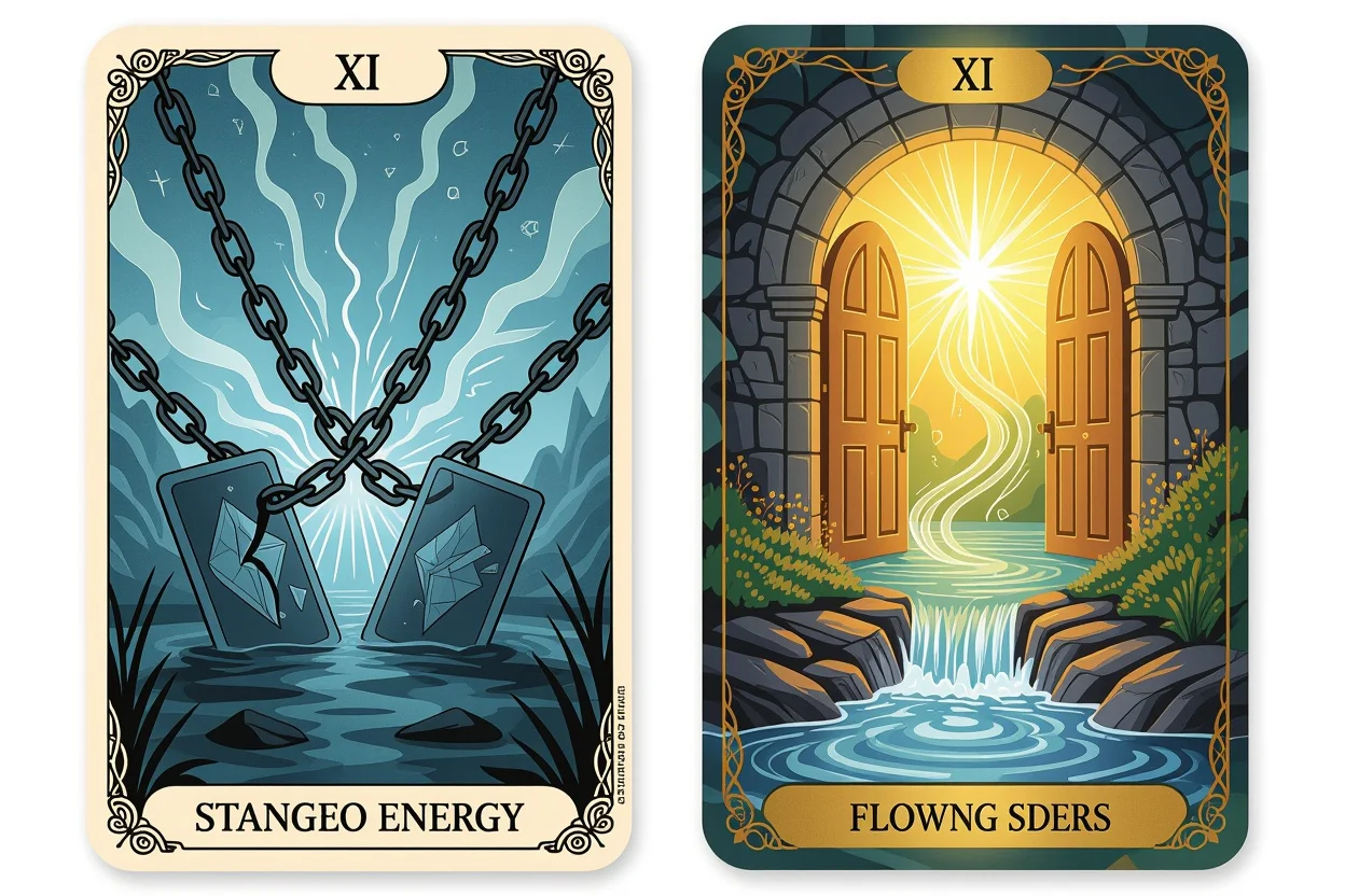 恋愛の停滞から進展への変化を表現したタロットカードの神秘的なイメージ