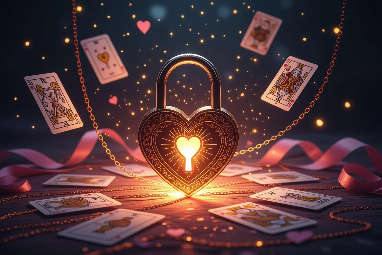 タロットカードの知恵で恋愛の壁を突破する象徴的で神秘的なイメージ