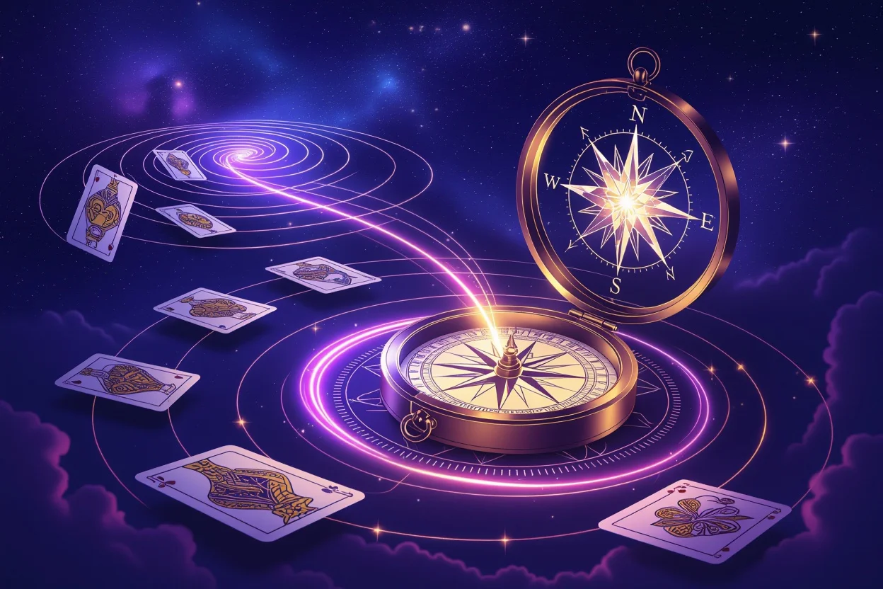 恋愛の運命を導くタロットカードと光る羅針盤の幻想的なイメージ