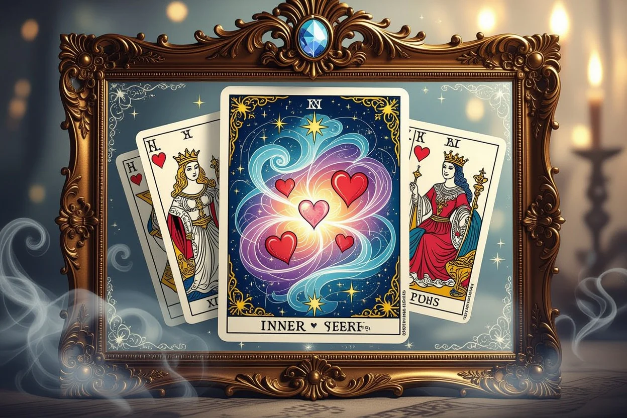 タロットカードと鏡に映る内なる心の状態を表現した神秘的なイメージ