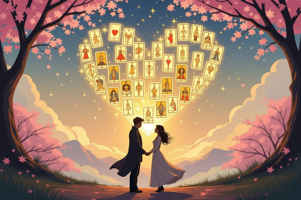 運命の愛を象徴するタロットカードに囲まれた恋人のシルエット