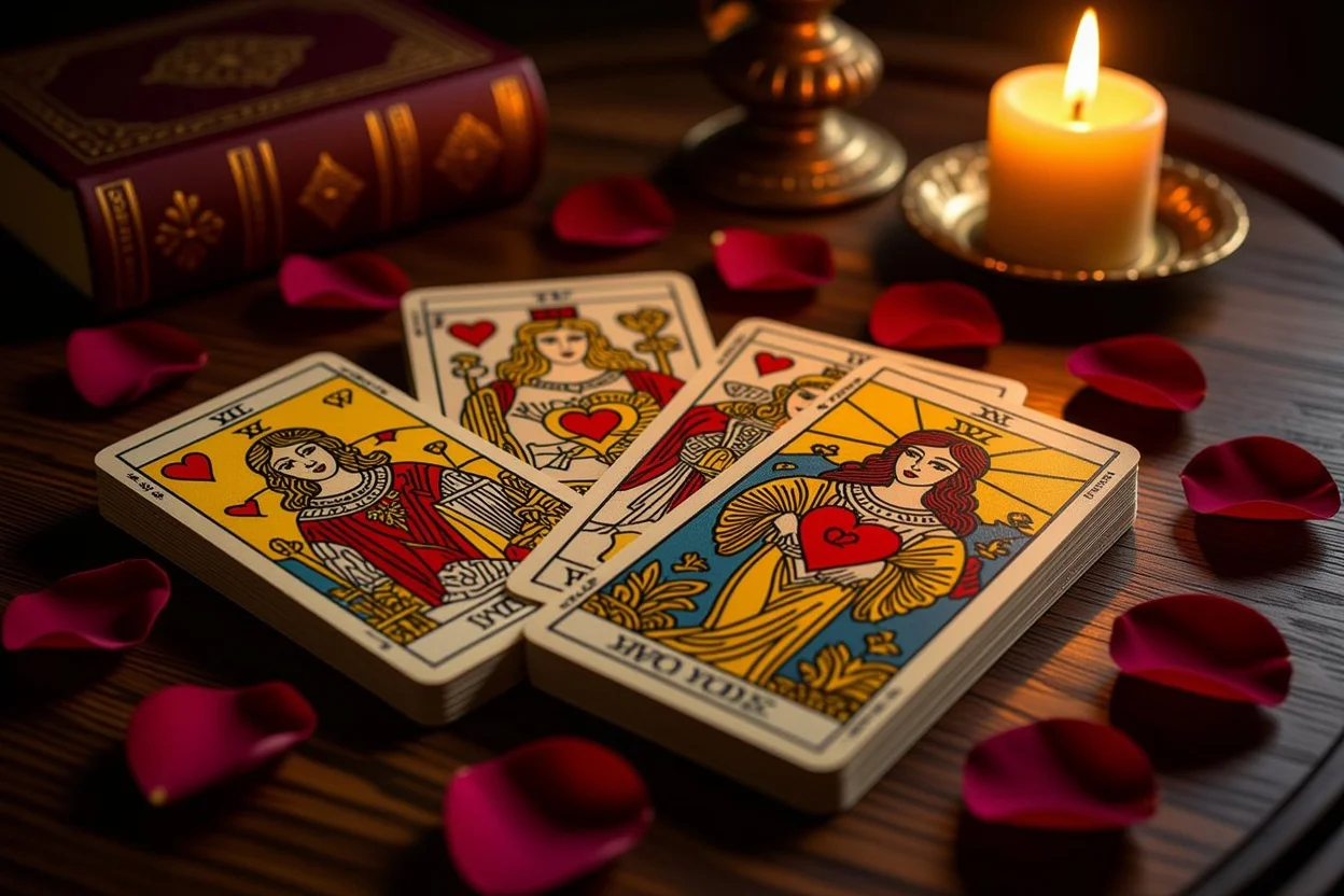 恋愛タロットカードの神秘的なスプレッド、ろうそくの光とバラの花びら