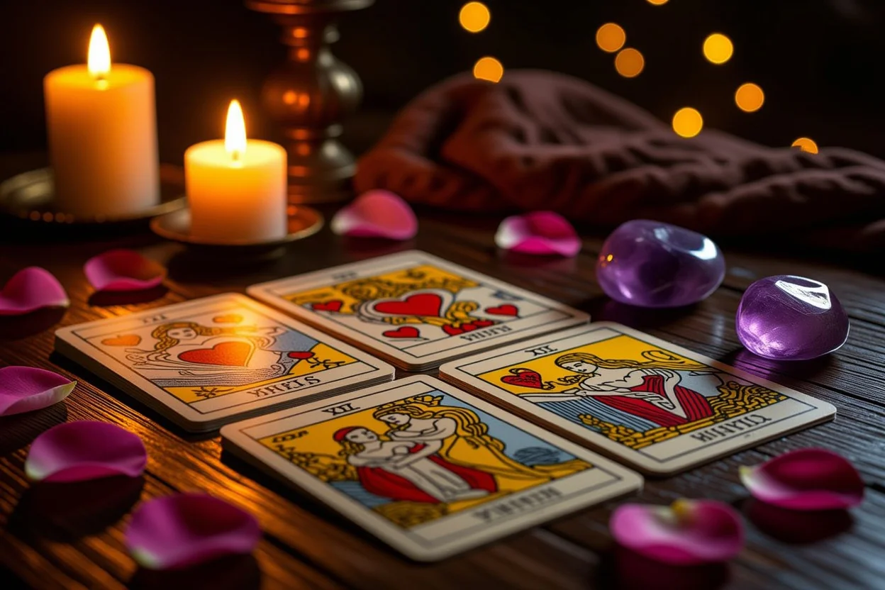 恋愛タロット占いのカードと薔薇の花びら、キャンドルライトの神秘的な雰囲気