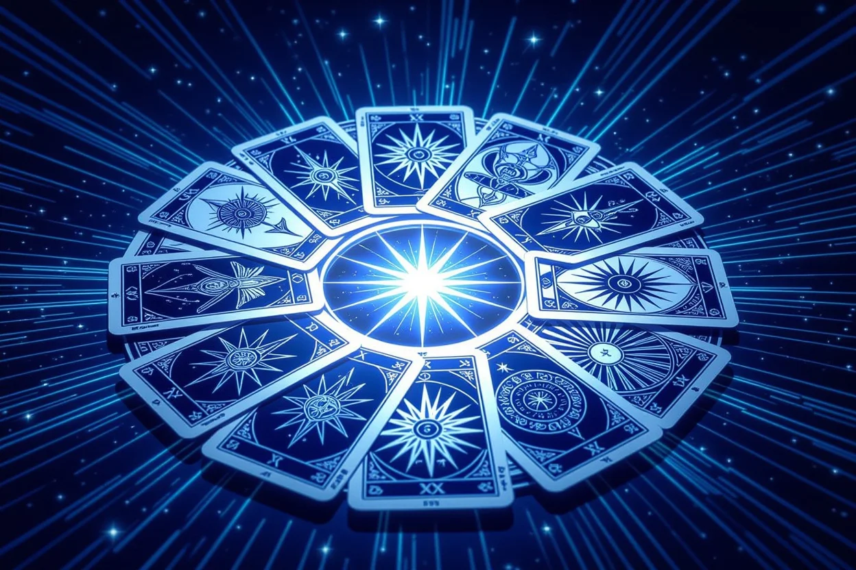 タロットカードが鏡のように内面を映し出す概念的なイメージ、スピリチュアルな光