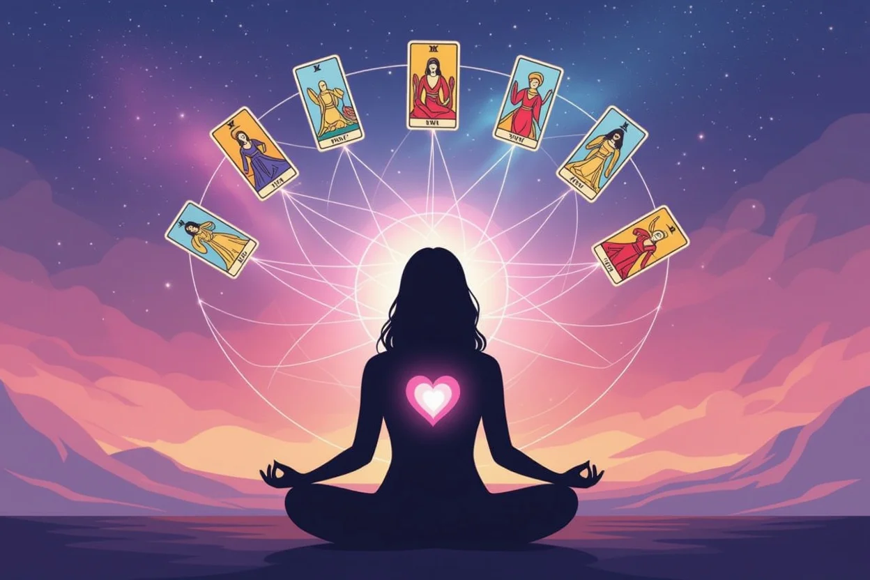内なる声に耳を澄ませる瞑想とタロットカードのスピリチュアルなイラスト