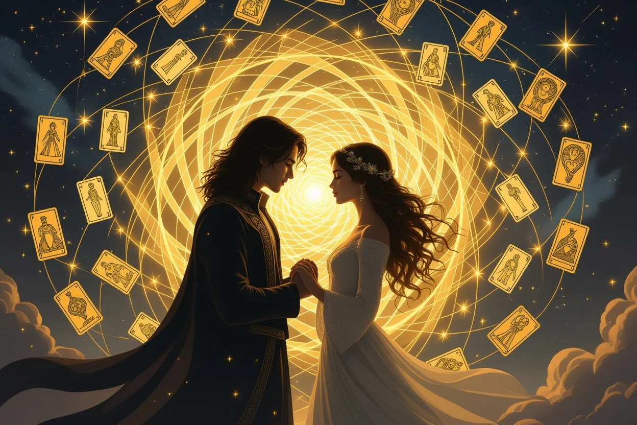 運命の愛を引き寄せるタロットの力を表現した幻想的なカップルのイメージ