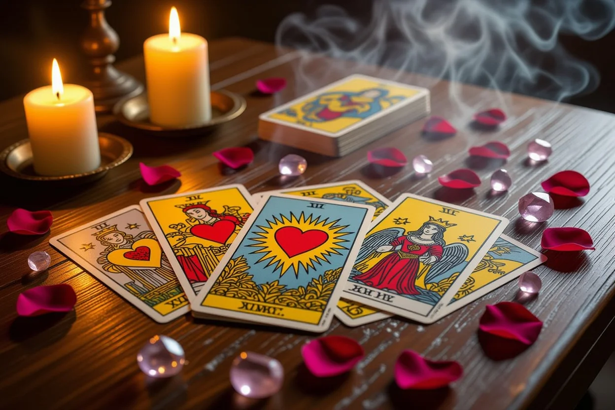 恋愛タロットカードの神秘的なスプレッド、影と光のメッセージを表現