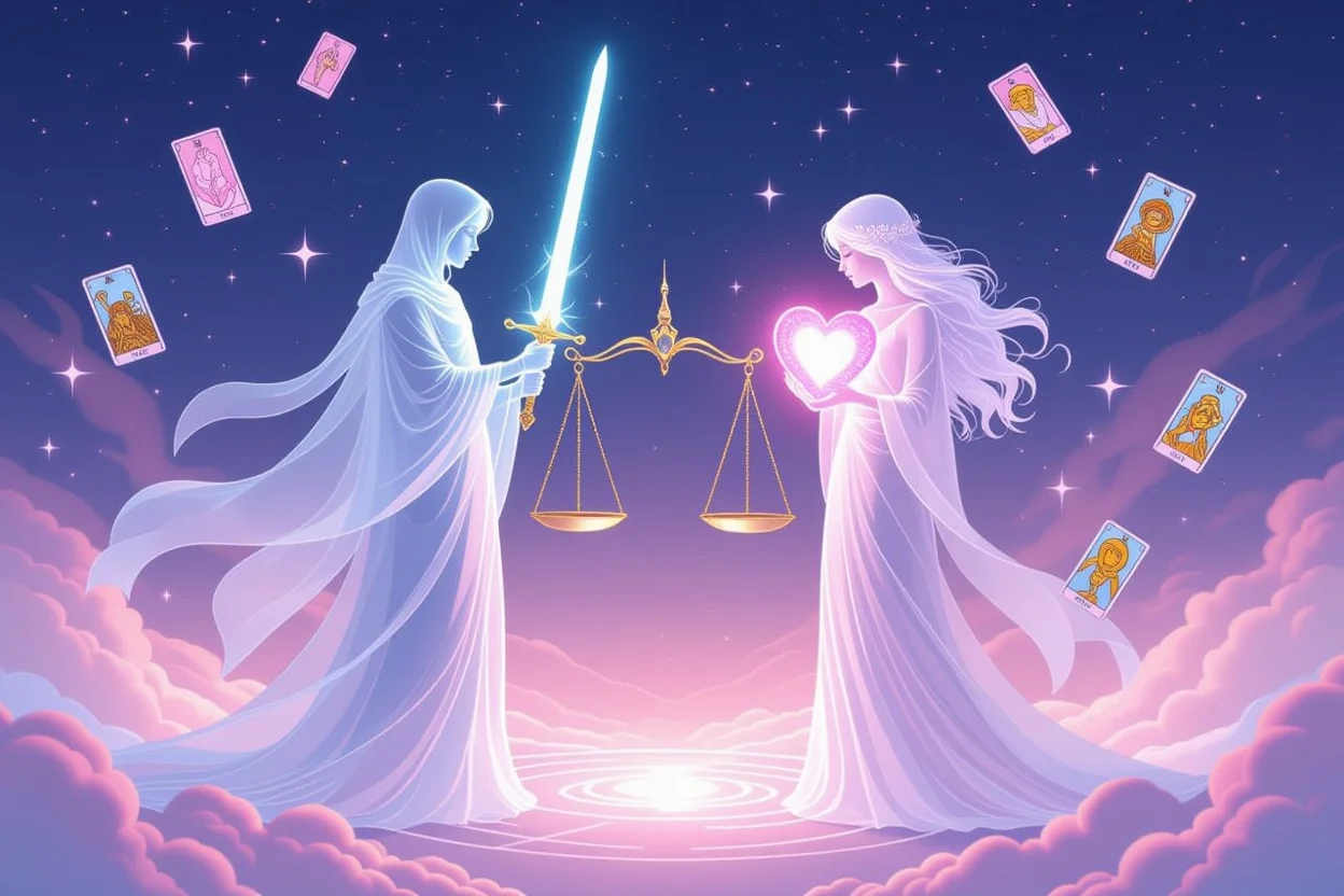 恋愛における理性と感情のバランス、ソードとハートの調和を表現したタロットアート