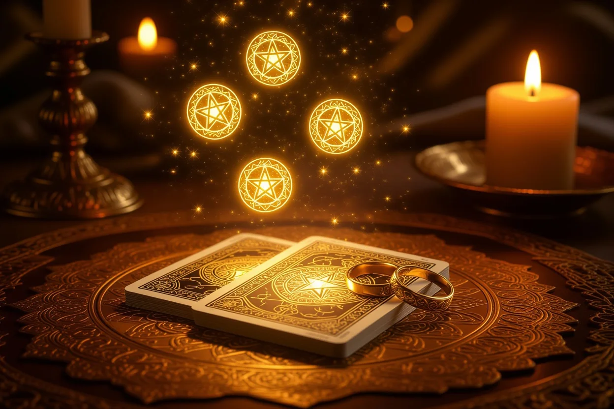 恋愛タロット・ペンタクルのカードと運命の相手を示す神秘的なシーン