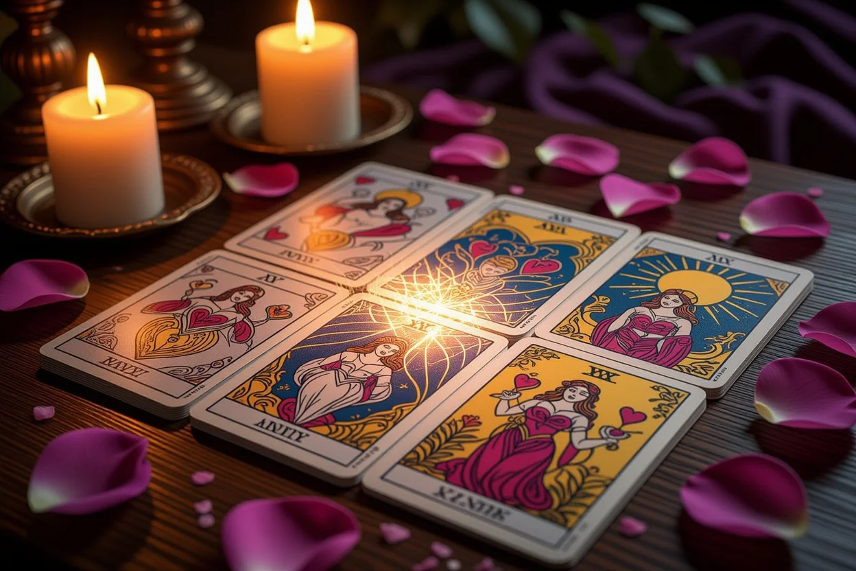 恋愛タロットカード占いのスプレッド、ロマンチックな雰囲気の中でキャンドルライトに照らされたタロットカード