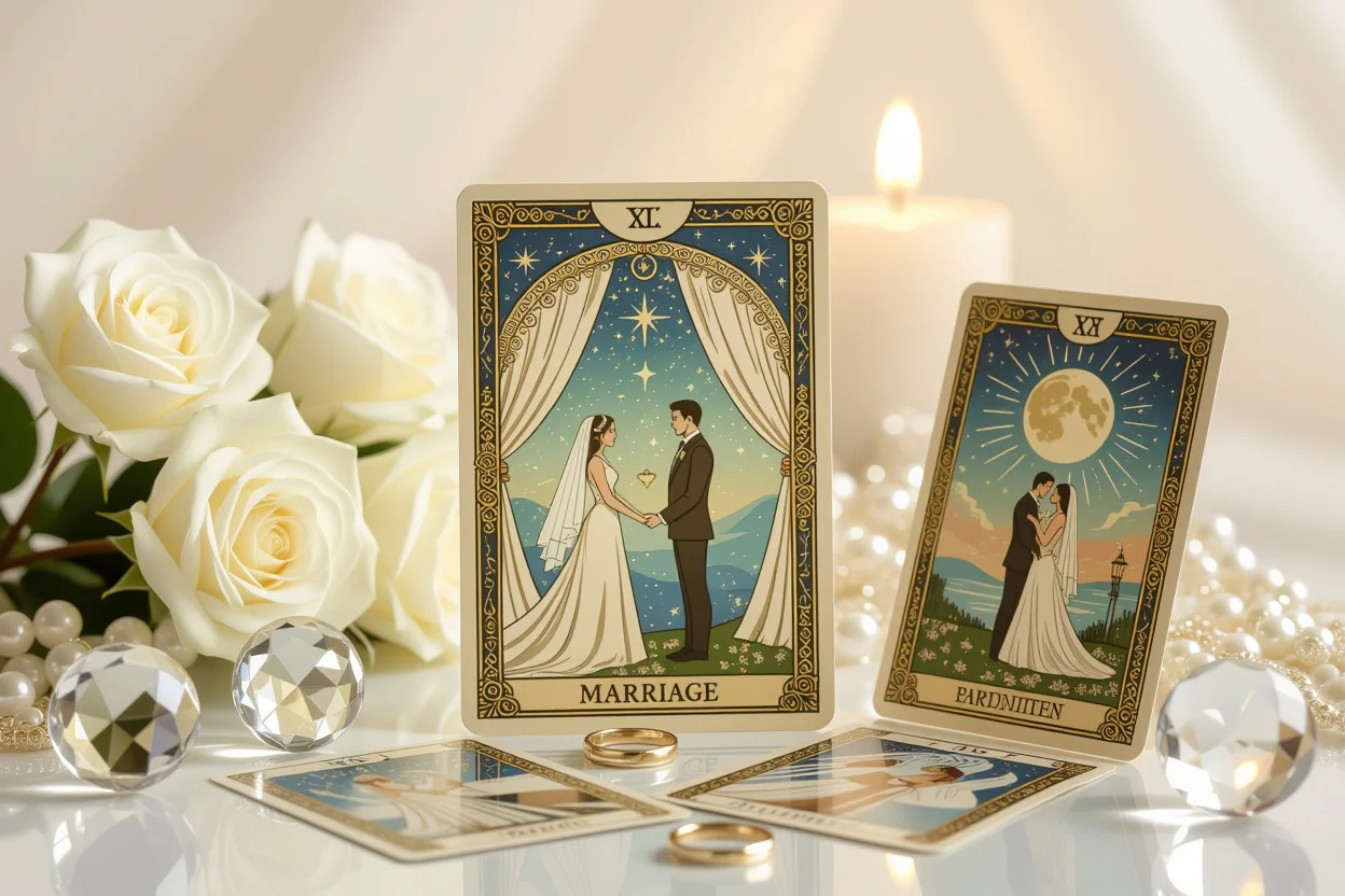 結婚運を占うタロットカード、ウェディングシンボルと結婚の可能性を示す神秘的な占いシーン