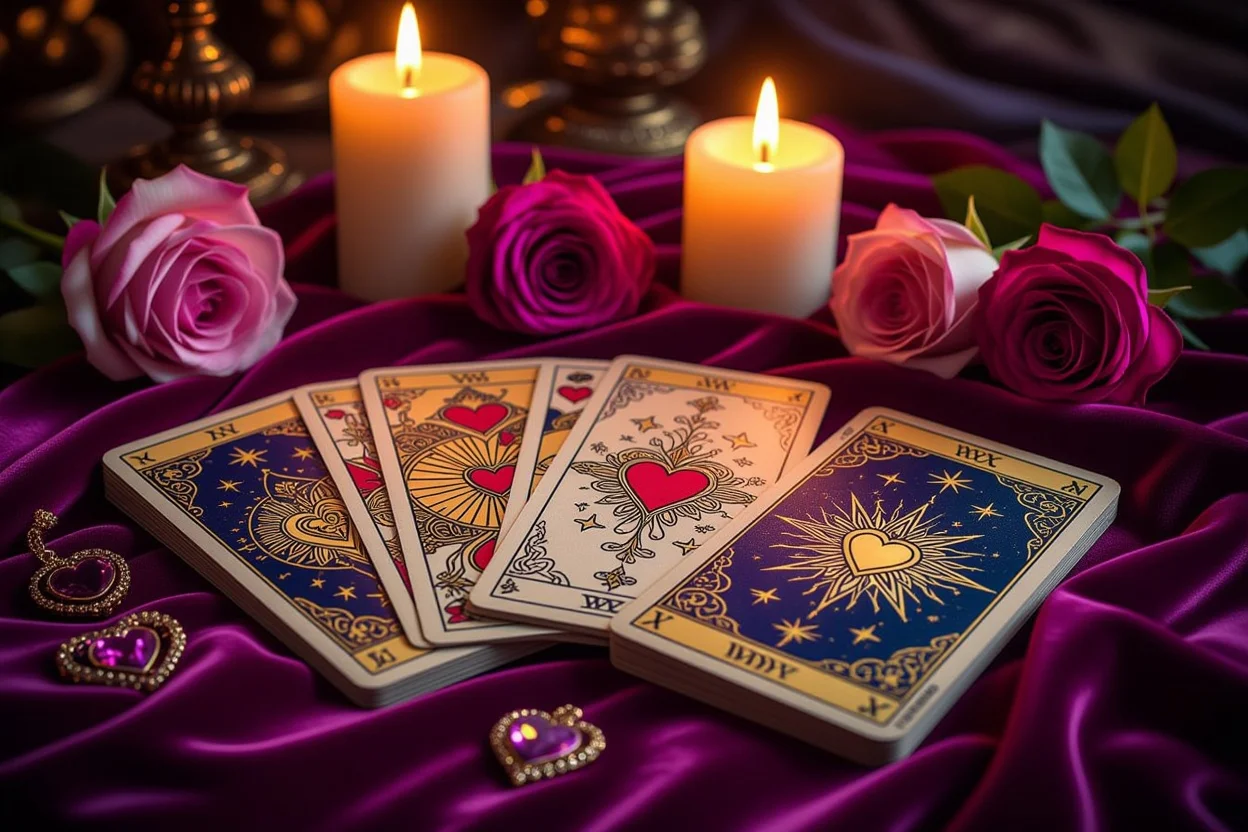 恋愛タロット占いのカードスプレッド、ロマンチックな雰囲気の中でキャンドルライトに照らされた神秘的なタロットカード
