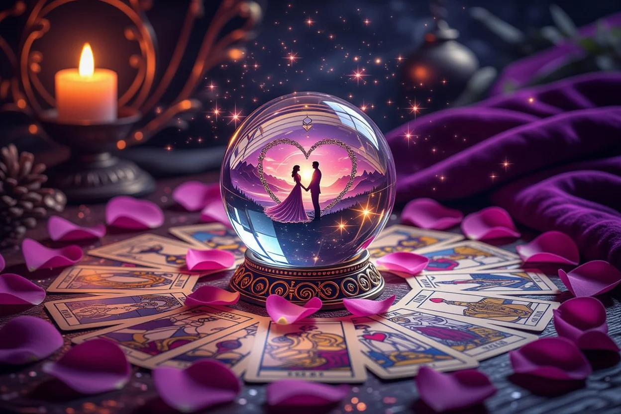 恋愛の未来を予測する水晶玉とタロットカード、二人の関係の行方を占う神秘的な占いシーン