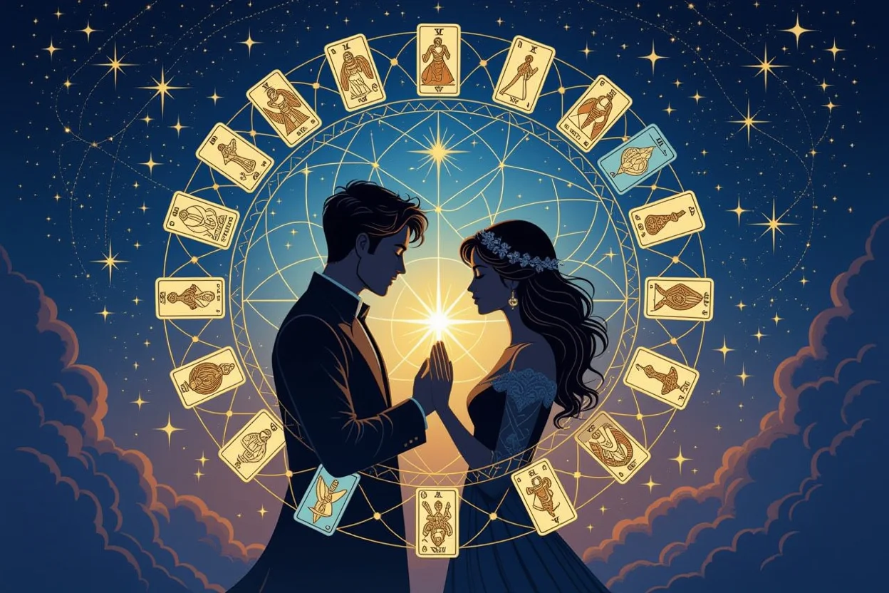 運命的な恋愛関係を象徴するタロットカードと二人のシルエット、魂の共鳴と深い絆を表現した幻想的なアート