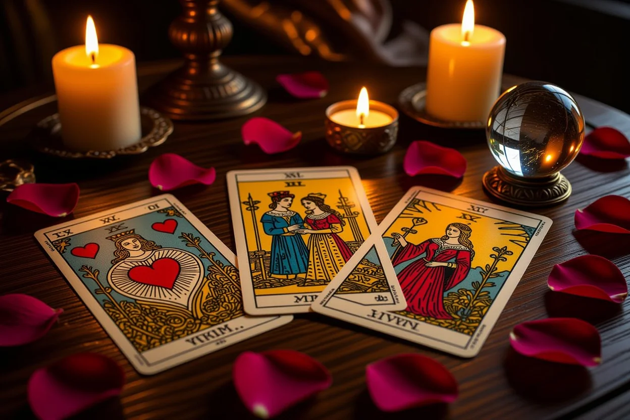 恋愛タロットカードの神秘的なスプレッド、キャンドルライトに照らされた占いの様子