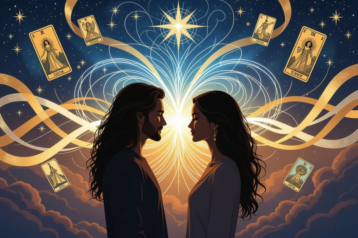 恋愛関係のエネルギーの流れを表現、二人の人影と神秘的な光の繋がり