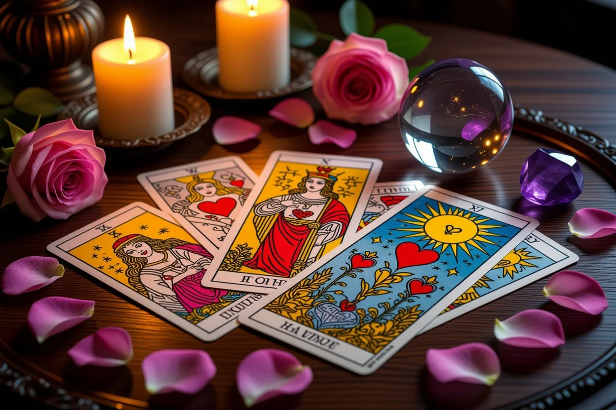 恋愛タロットカードと薔薇のロマンチックな占いシーン