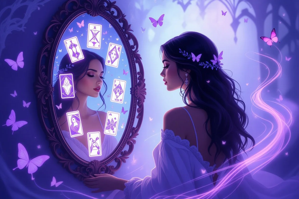 鏡に映るタロットカードで自分自身を見つめる女性のシルエット