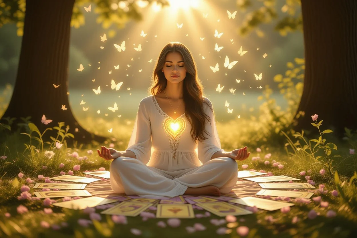 タロットカードに囲まれて内面と向き合う女性の瞑想シーン