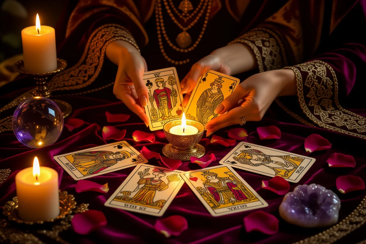 恋愛タロット占いの神秘的なシーン、カップスートのカードと薔薇の花びら