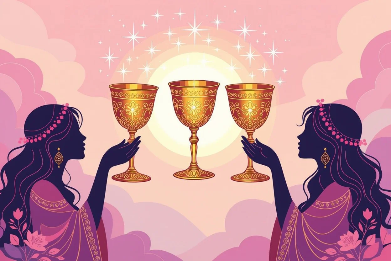 カップの3タロットカード、恋愛における喜びと共感を表現した幻想的なイラスト
