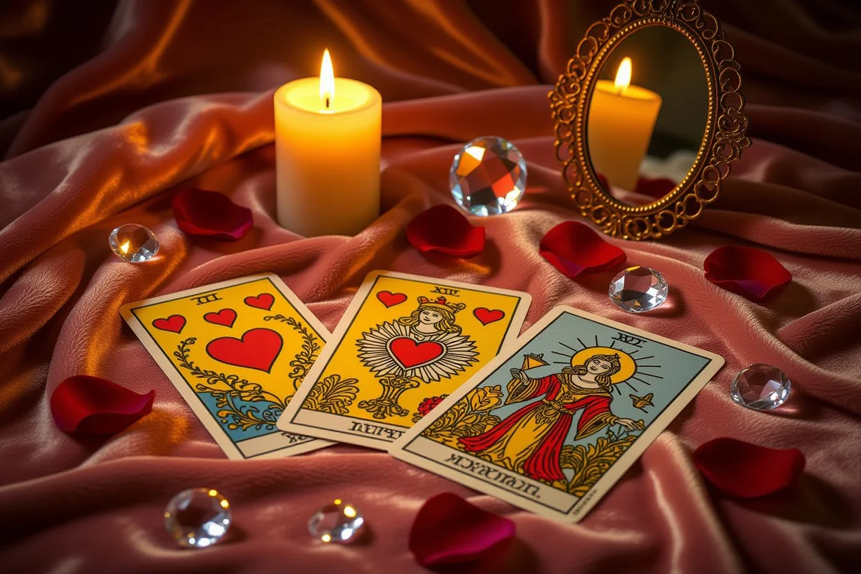 恋愛タロットカードスプレッドとキャンドルライトの神秘的な占いシーン