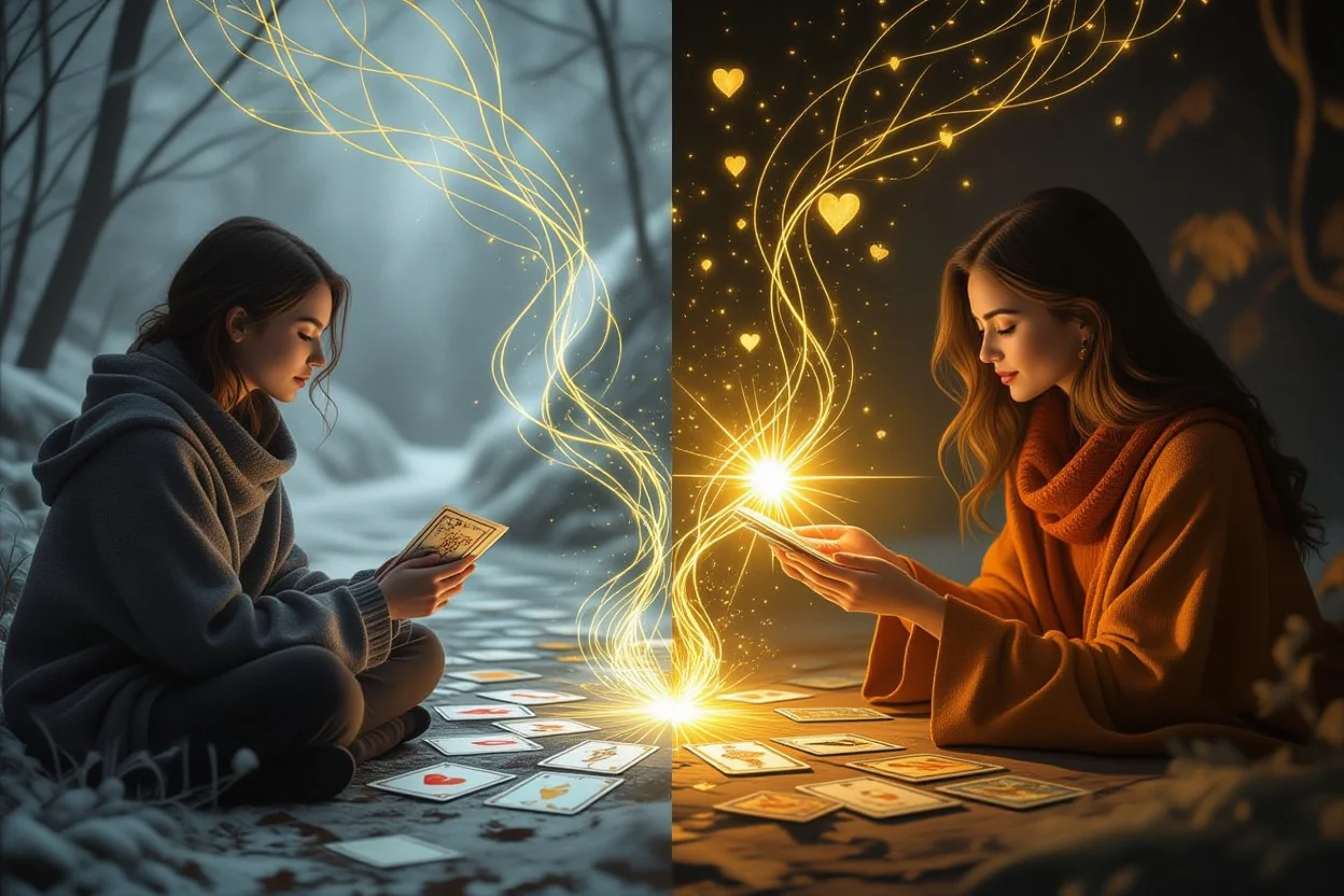 受動的な恋愛と能動的な恋愛創造を表現するタロット占いのアート