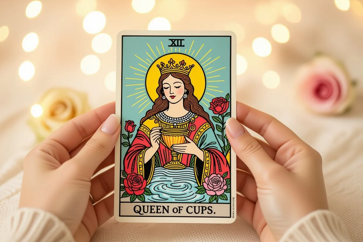 カップのクイーンタロットカードと恋愛の感情的知恵を表現する美しいクローズアップ