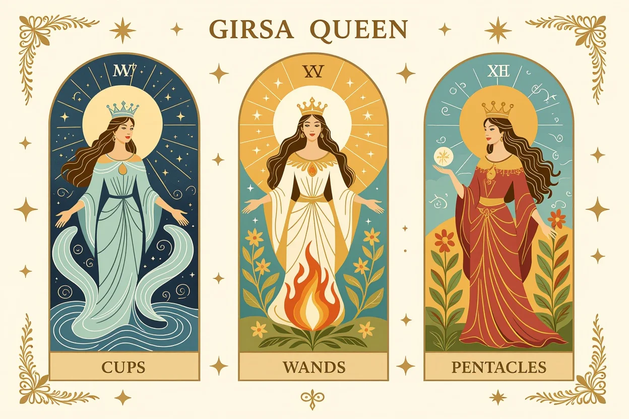 恋愛運向上のための3枚のクイーンカードのタロットスプレッド