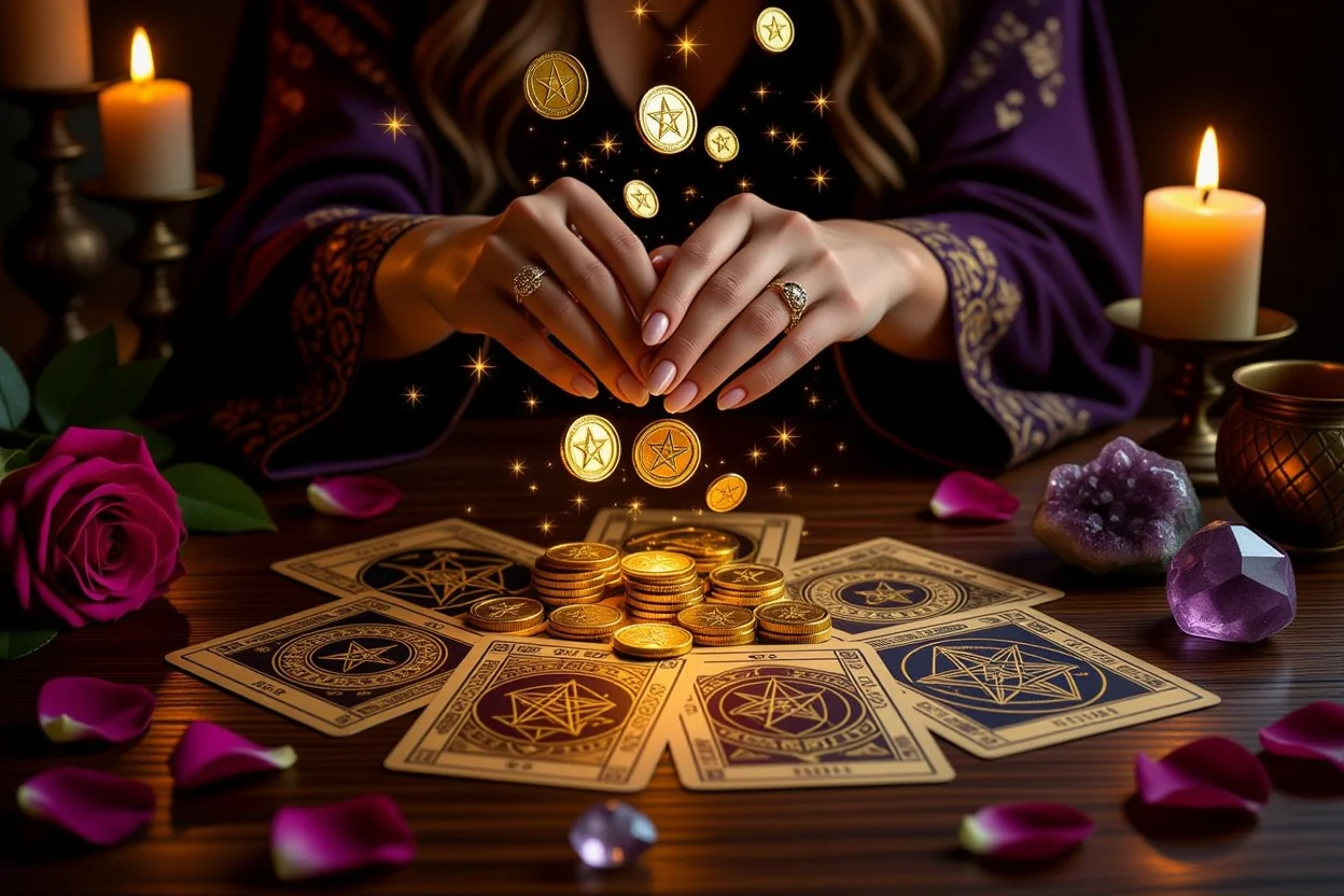 恋愛タロットペンタクルカードと安定した関係を示すロマンチックな占い画像