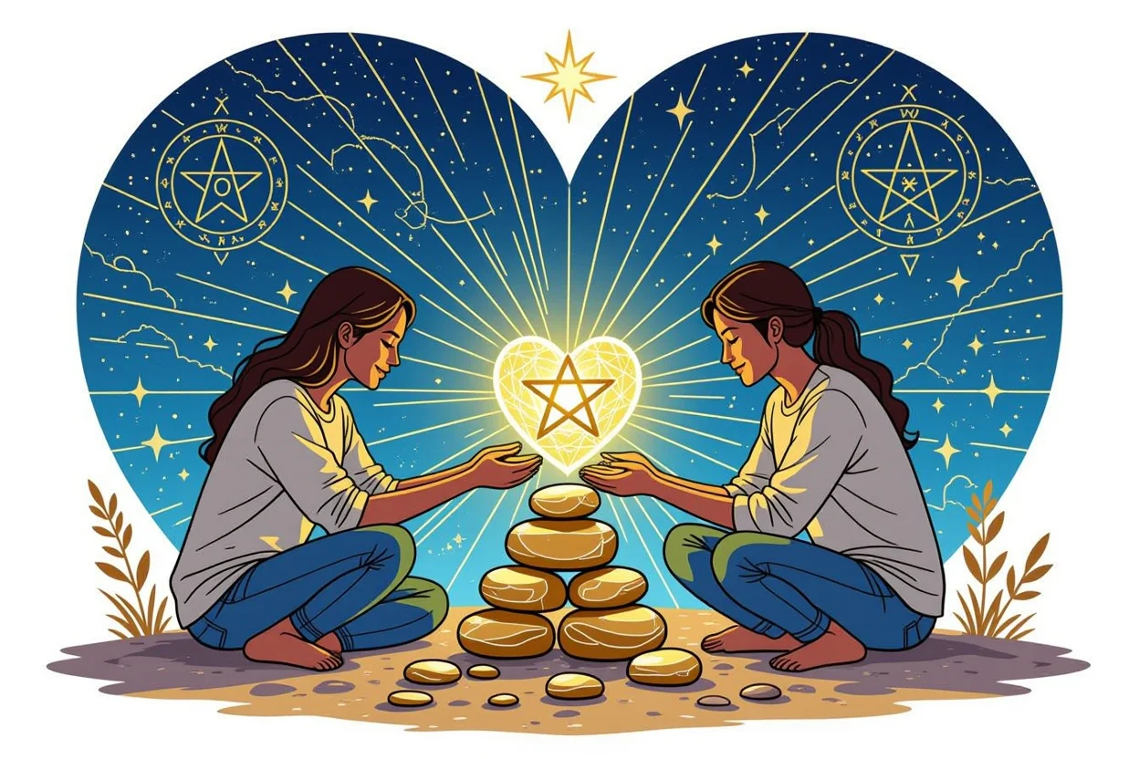 恋愛関係の土台作りと安定した絆を象徴するペンタクルとカップルの画像