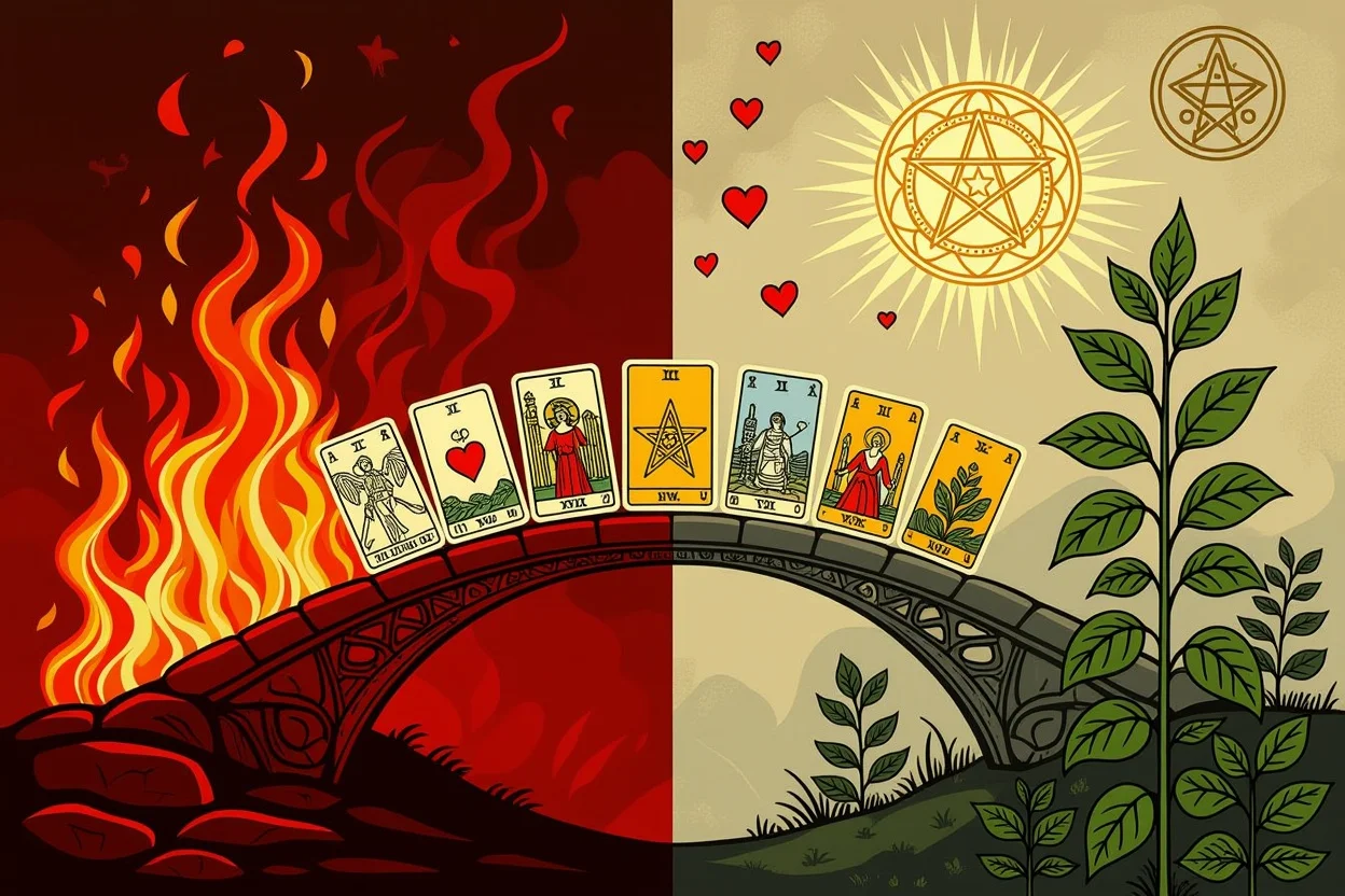 一時的な恋愛と長続きする愛の違いをタロットペンタクルで表現した対比画像
