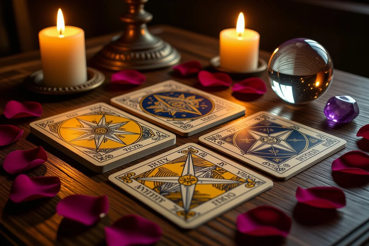 恋愛タロット占いのカードスプレッド、ソードとペンタクルのスート、キャンドルライトの神秘的な雰囲気