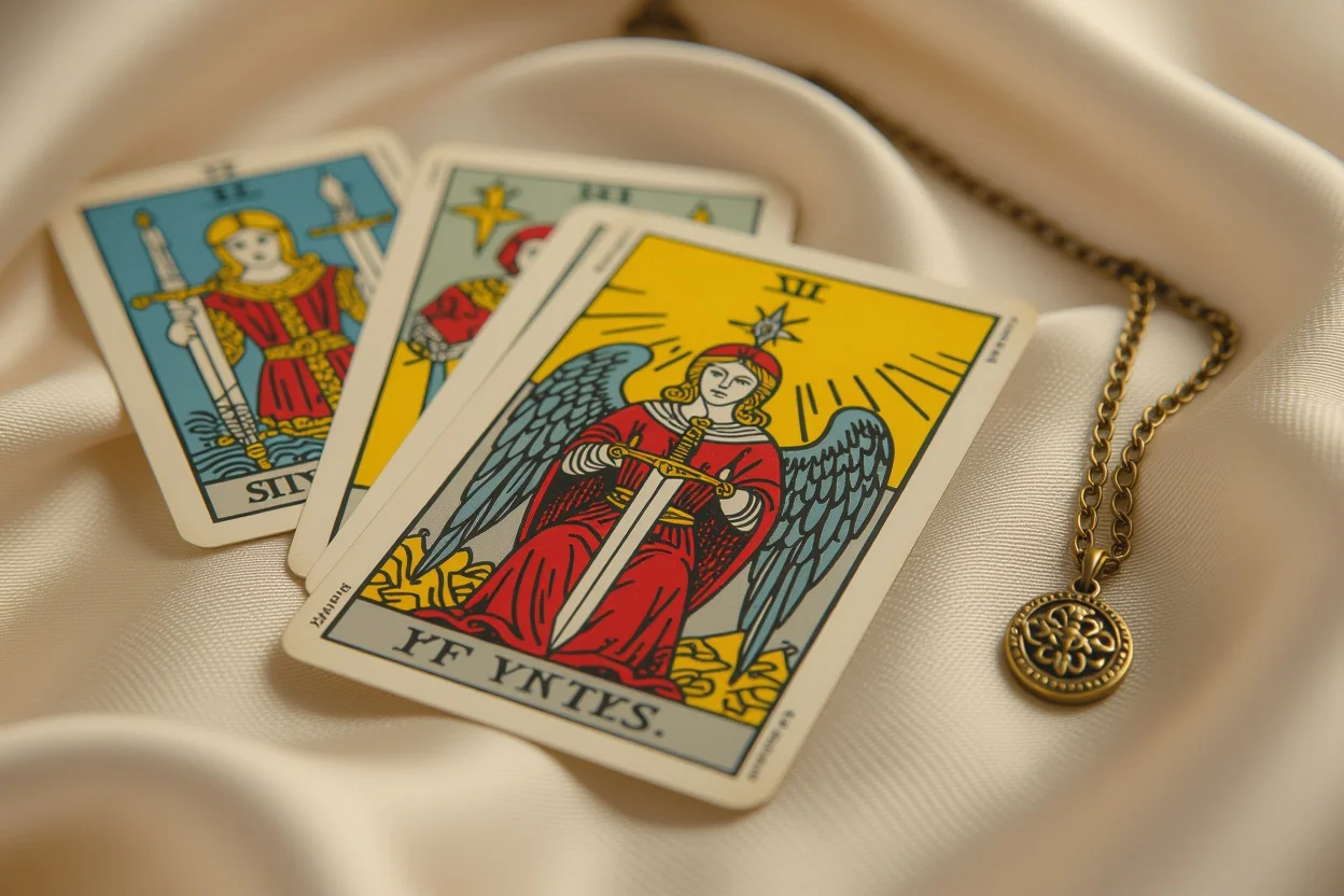 ソードの4のタロットカード、関係性の停滞と心理的課題を表現する神秘的なイメージ