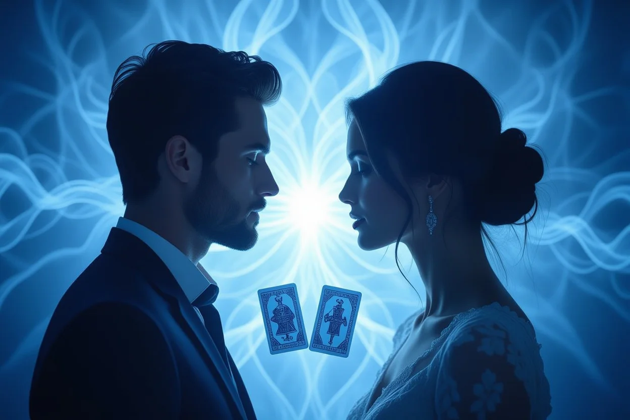 恋愛関係の見えない壁を表現するタロットカードと人影のアーティスティックな合成画像