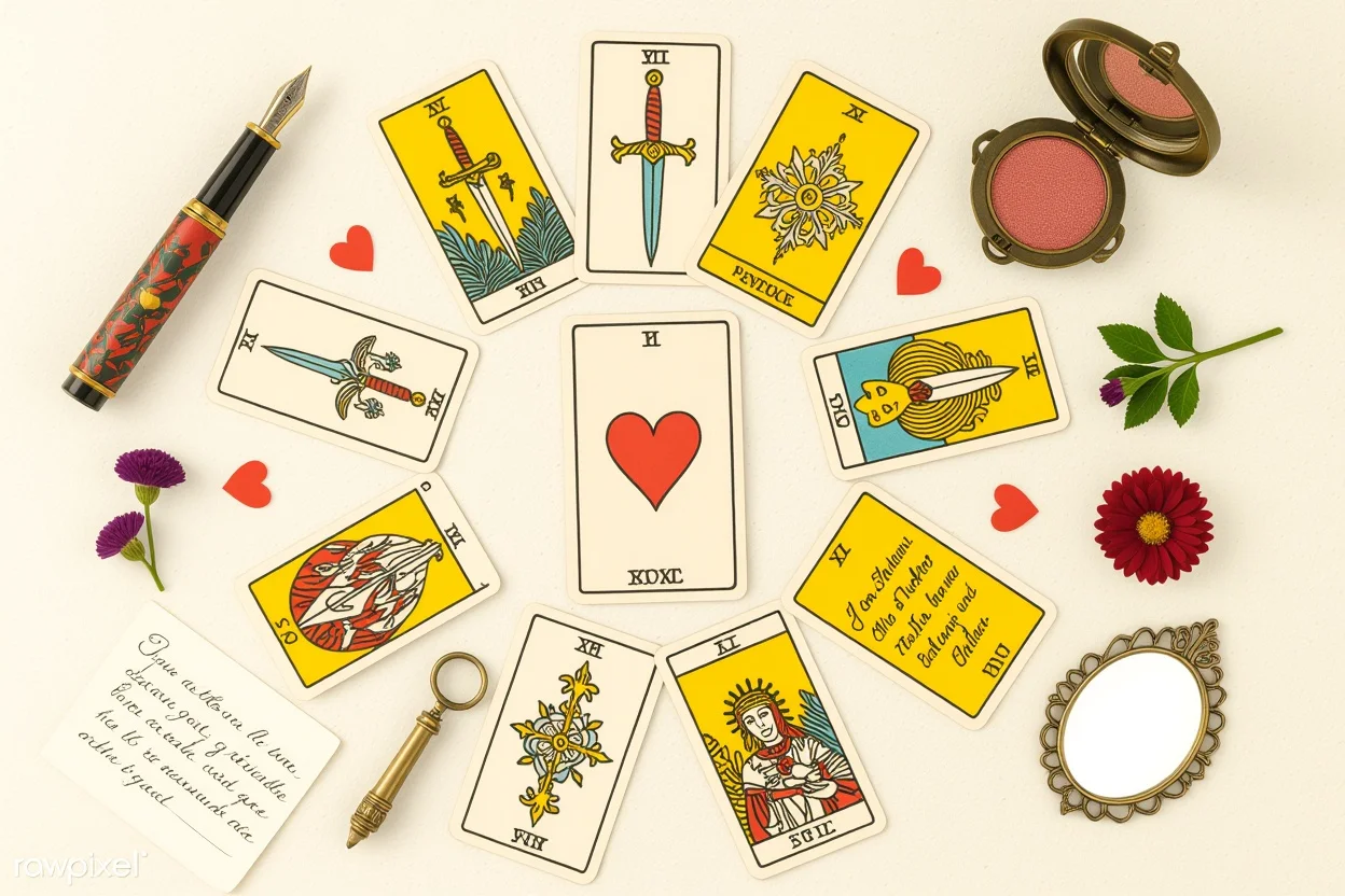 ソードとペンタクルスートのタロットカード配置、成熟した恋愛関係の現実的分析を表現