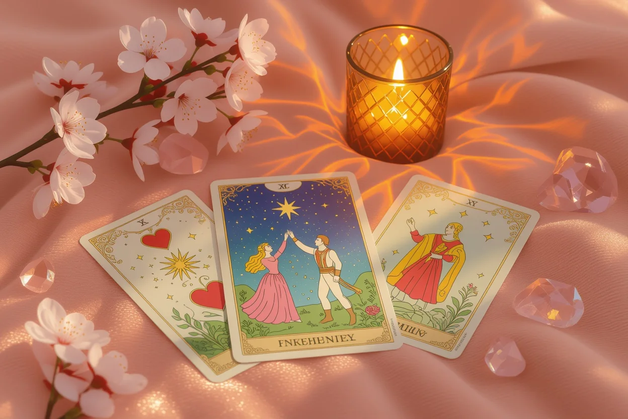 恋愛タロットカードの美しいスプレッド、ピンクのベルベット上にろうそくの光で照らされた神秘的な占いシーン