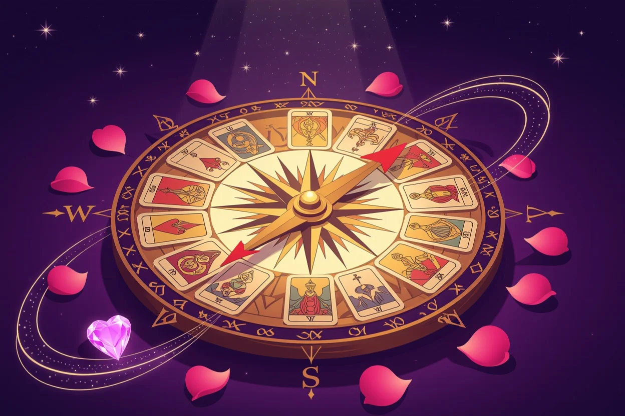 タロットカードで作られた神秘的な羅針盤、恋愛の方向性を示す行動ガイドのイメージ