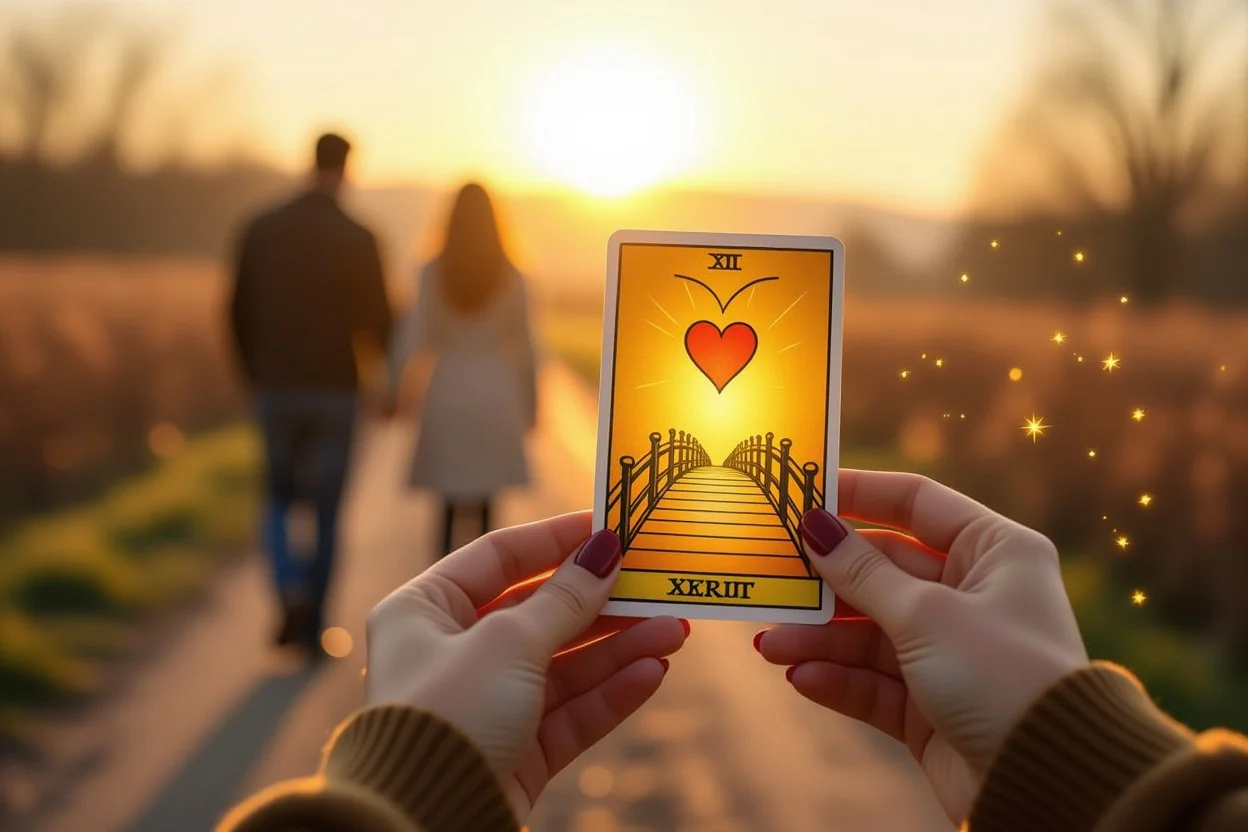タロットカードを手に持ち、恋愛の次の一歩を照らす希望に満ちた神秘的なシーン