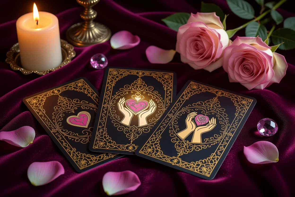 恋愛タロットカードの神秘的なスプレッド、キャンドルライトに照らされたロマンチックな占いの様子