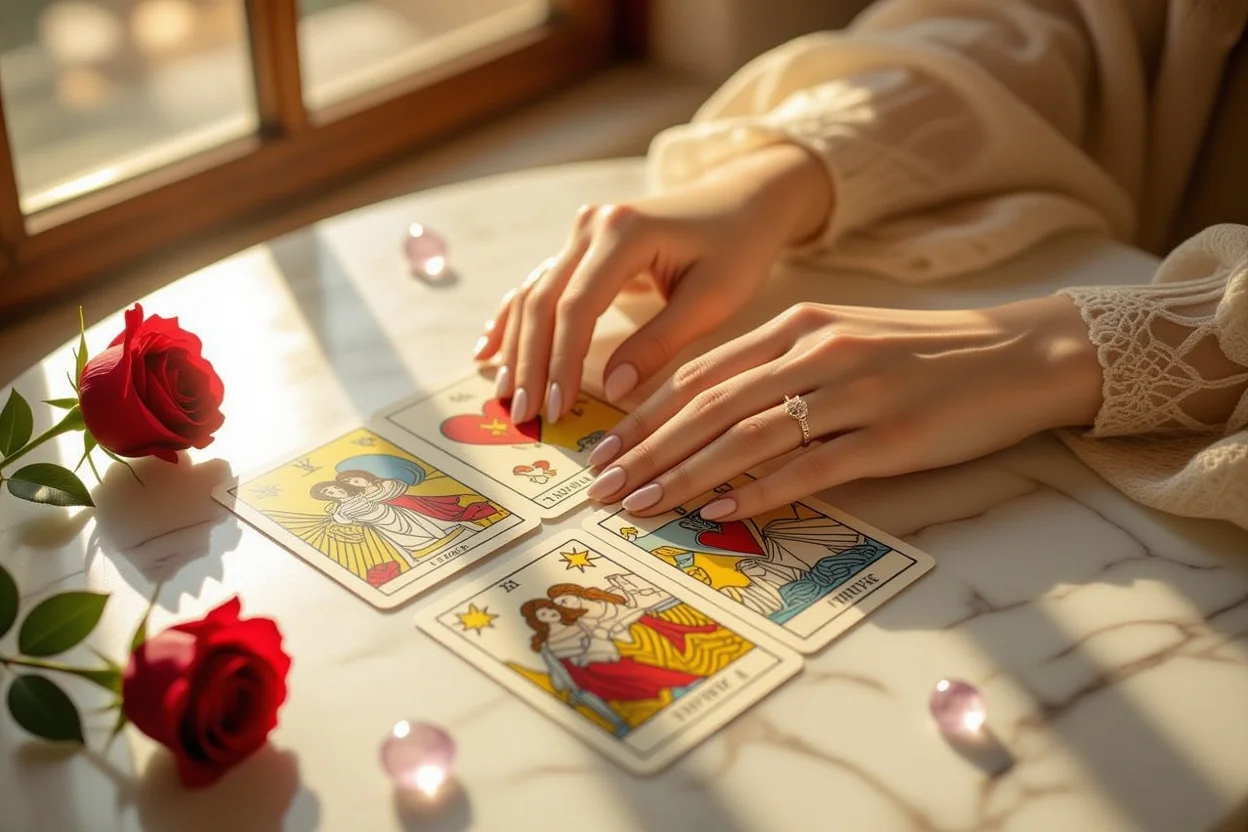 女性の手が恋愛タロットカードに触れる瞬間、運命の恋を読み解く神聖な時間