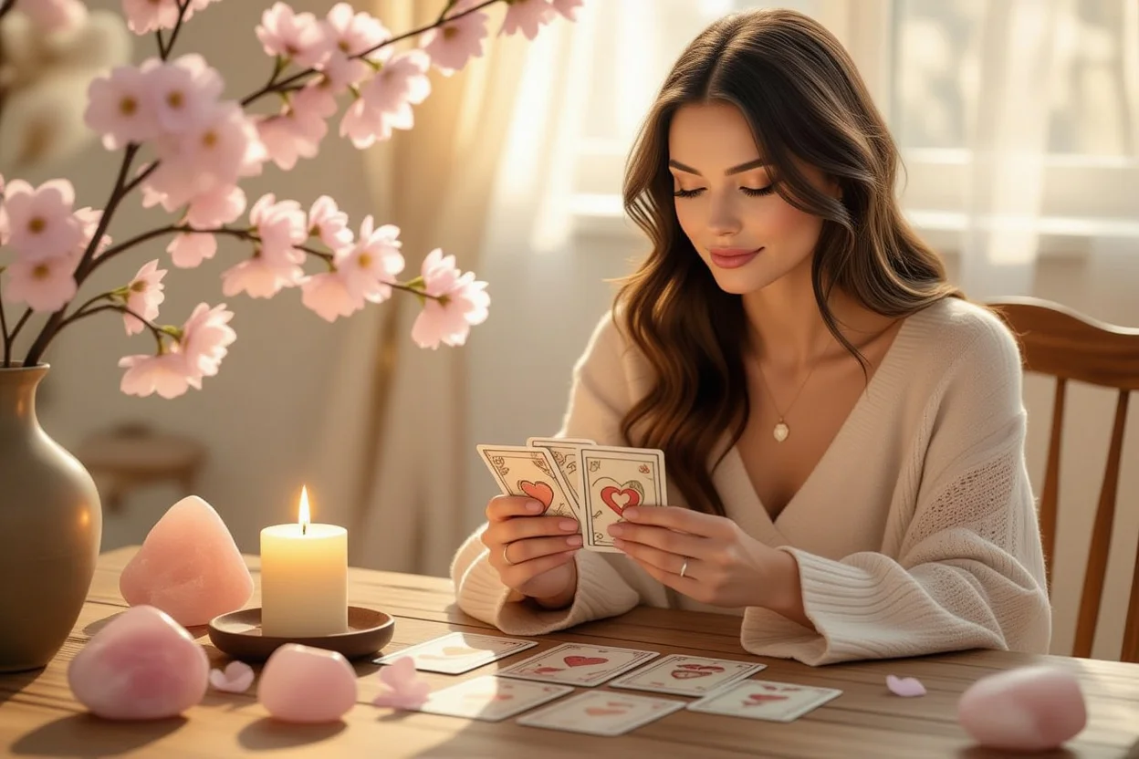 恋愛タロット占いで心を癒す女性の穏やかなリーディング風景