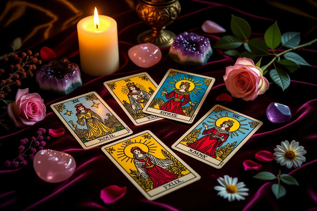恋愛タロットカード占いの神秘的なシーン、キャンドルとクリスタルに囲まれた美しいカードスプレッド
