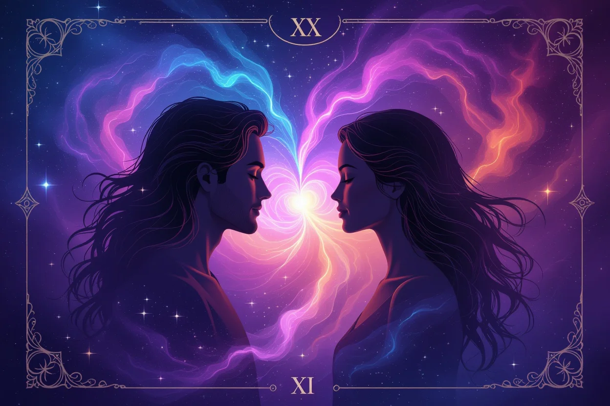 宇宙の愛のエネルギーで繋がった二人のシルエット、星座と銀河の光で結ばれたハートの神秘的なイメージ