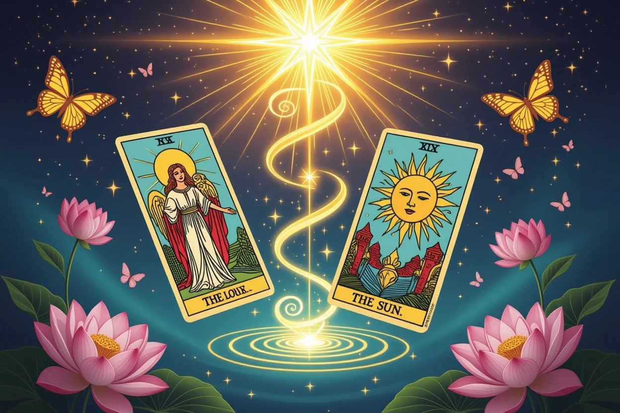 恋愛における魂の成長を表すメジャーアルカナカード、神聖な光と蝶に囲まれた愛と星のカード